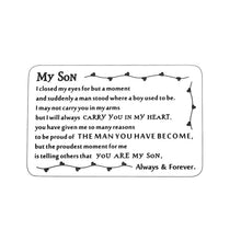 Load image into Gallery viewer, Back to School Gift to Son from Dad Mom Inspirational Engraved Wallet Card Birthday Graduation Christmas Gifts for Stepson Metal Wallet Insert Card Present Coming of Age Gift Ideas for Him Boy Men