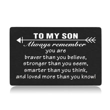 Load image into Gallery viewer, Engraved Wallet Card for Son from Dad Mom Inspirational Graduation Gifts to Stepson Adopt Son from Stepmom Stepdad Birthday Christmas Metal Wallet Insert Present Meaningful Gift Ideas for Him Boy Men