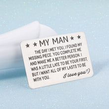 Load image into Gallery viewer, Engraved Wallet Insert Card Gifts for Husband Boyfriend Wedding Anniversary Birthday Valentines Christmas Gift for Groom Fiance from Wife Girlfriend Just Because Present for Men Him
