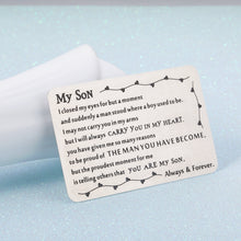 Load image into Gallery viewer, Back to School Gift to Son from Dad Mom Inspirational Engraved Wallet Card Birthday Graduation Christmas Gifts for Stepson Metal Wallet Insert Card Present Coming of Age Gift Ideas for Him Boy Men