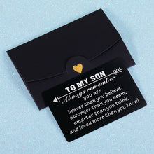 Load image into Gallery viewer, Engraved Wallet Card for Son from Dad Mom Inspirational Graduation Gifts to Stepson Adopt Son from Stepmom Stepdad Birthday Christmas Metal Wallet Insert Present Meaningful Gift Ideas for Him Boy Men