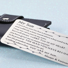 Load image into Gallery viewer, Back to School Gift to Son from Dad Mom Inspirational Engraved Wallet Card Birthday Graduation Christmas Gifts for Stepson Metal Wallet Insert Card Present Coming of Age Gift Ideas for Him Boy Men