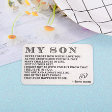 Load image into Gallery viewer, Engraved Wallet Card for Son from Mom Inspirational Birthday Graduation Christmas Gifts to Stepson Adopt Son Metal Wallet Insert Present Meaningful Back-to-School Gift Ideas for Him Boy Men