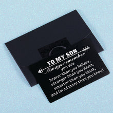 Load image into Gallery viewer, Engraved Wallet Card for Son from Dad Mom Inspirational Graduation Gifts to Stepson Adopt Son from Stepmom Stepdad Birthday Christmas Metal Wallet Insert Present Meaningful Gift Ideas for Him Boy Men
