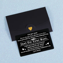 Load image into Gallery viewer, Engraved Wallet Card for Son from Mom Inspirational Birthday Graduation Christmas Gifts to Stepson Adopt Son Metal Wallet Insert Present Meaningful Back-to-School Gift Ideas for Him Boy Men