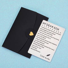 Load image into Gallery viewer, Engraved Wallet Card for Son from Mom Inspirational Christmas Birthday Graduation Gifts to Stepson Adopt Son Metal Wallet Insert Present Meaningful Back-to-School Gift Ideas for Him Boy Men