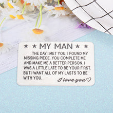Load image into Gallery viewer, Engraved Wallet Insert Card Gifts for Husband Boyfriend Wedding Anniversary Birthday Valentines Christmas Gift for Groom Fiance from Wife Girlfriend Just Because Present for Men Him