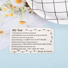 Load image into Gallery viewer, Back to School Gift to Son from Dad Mom Inspirational Engraved Wallet Card Birthday Graduation Christmas Gifts for Stepson Metal Wallet Insert Card Present Coming of Age Gift Ideas for Him Boy Men