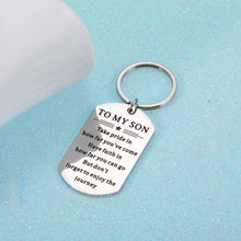 Load image into Gallery viewer, Inspirational Son Gift for Stepson Boys Teens for Men Boy Teen Kids Valentines Christmas Back to School Birthday Wedding Thanksgiving Gift for Leaving Graduation New Start Keychain Gift from Mom Dad