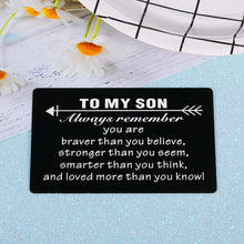 Load image into Gallery viewer, Engraved Wallet Card for Son from Dad Mom Inspirational Graduation Gifts to Stepson Adopt Son from Stepmom Stepdad Birthday Christmas Metal Wallet Insert Present Meaningful Gift Ideas for Him Boy Men