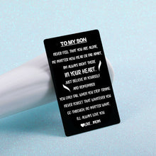 Load image into Gallery viewer, Engraved Wallet Inserts Card to Son from Mom Inspirational Gifts for Him Teen Boy Birthday Christmas New Year Deployment Gift Ideas for Stepson Adopt Son Coming of Age Gift