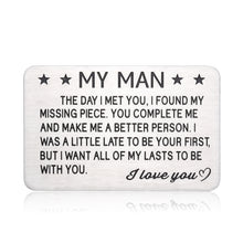 Load image into Gallery viewer, Engraved Wallet Insert Card Gifts for Husband Boyfriend Wedding Anniversary Birthday Valentines Christmas Gift for Groom Fiance from Wife Girlfriend Just Because Present for Men Him