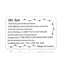 Load image into Gallery viewer, Back to School Gift to Son from Dad Mom Inspirational Engraved Wallet Card Birthday Graduation Christmas Gifts for Stepson Metal Wallet Insert Card Present Coming of Age Gift Ideas for Him Boy Men