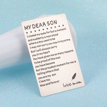 Load image into Gallery viewer, Engraved Wallet Card for Son from Mom Inspirational Christmas Birthday Graduation Gifts to Stepson Adopt Son Metal Wallet Insert Present Meaningful Back-to-School Gift Ideas for Him Boy Men