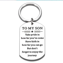 Load image into Gallery viewer, Inspirational Son Gift for Stepson Boys Teens for Men Boy Teen Kids Valentines Christmas Back to School Birthday Wedding Thanksgiving Gift for Leaving Graduation New Start Keychain Gift from Mom Dad