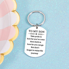 Load image into Gallery viewer, Inspirational Son Gift for Stepson Boys Teens for Men Boy Teen Kids Valentines Christmas Back to School Birthday Wedding Thanksgiving Gift for Leaving Graduation New Start Keychain Gift from Mom Dad
