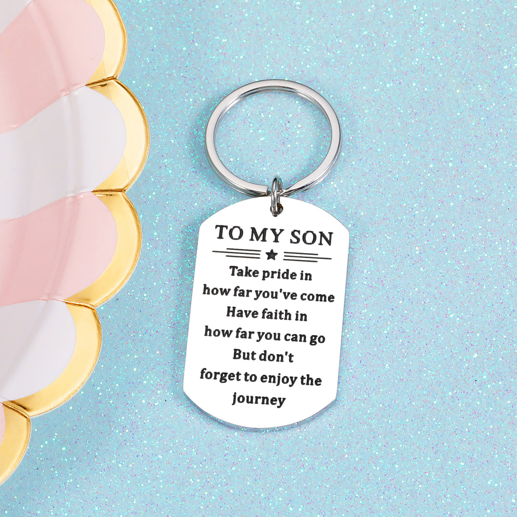 Inspirational Son Gift for Stepson Boys Teens for Men Boy Teen Kids Valentines Christmas Back to School Birthday Wedding Thanksgiving Gift for Leaving Graduation New Start Keychain Gift from Mom Dad