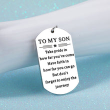 Load image into Gallery viewer, Inspirational Son Gift for Stepson Boys Teens for Men Boy Teen Kids Valentines Christmas Back to School Birthday Wedding Thanksgiving Gift for Leaving Graduation New Start Keychain Gift from Mom Dad
