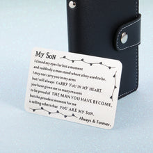 Load image into Gallery viewer, Back to School Gift to Son from Dad Mom Inspirational Engraved Wallet Card Birthday Graduation Christmas Gifts for Stepson Metal Wallet Insert Card Present Coming of Age Gift Ideas for Him Boy Men
