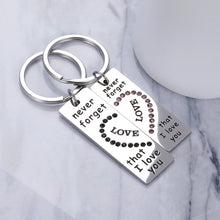 Load image into Gallery viewer, Couple Gifts Keychain 2pcs Valentines Wedding Birthday for Husband Wife Boyfriend Hubby Girlfriend Never Forget That I Love You Personalized Anniversary for Men Him Fiance Best Friends Gift
