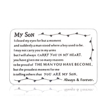 Load image into Gallery viewer, Back to School Gift to Son from Dad Mom Inspirational Engraved Wallet Card Birthday Graduation Christmas Gifts for Stepson Metal Wallet Insert Card Present Coming of Age Gift Ideas for Him Boy Men
