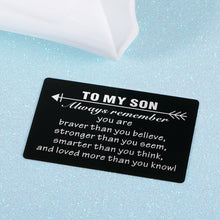 Load image into Gallery viewer, Engraved Wallet Card for Son from Dad Mom Inspirational Graduation Gifts to Stepson Adopt Son from Stepmom Stepdad Birthday Christmas Metal Wallet Insert Present Meaningful Gift Ideas for Him Boy Men

