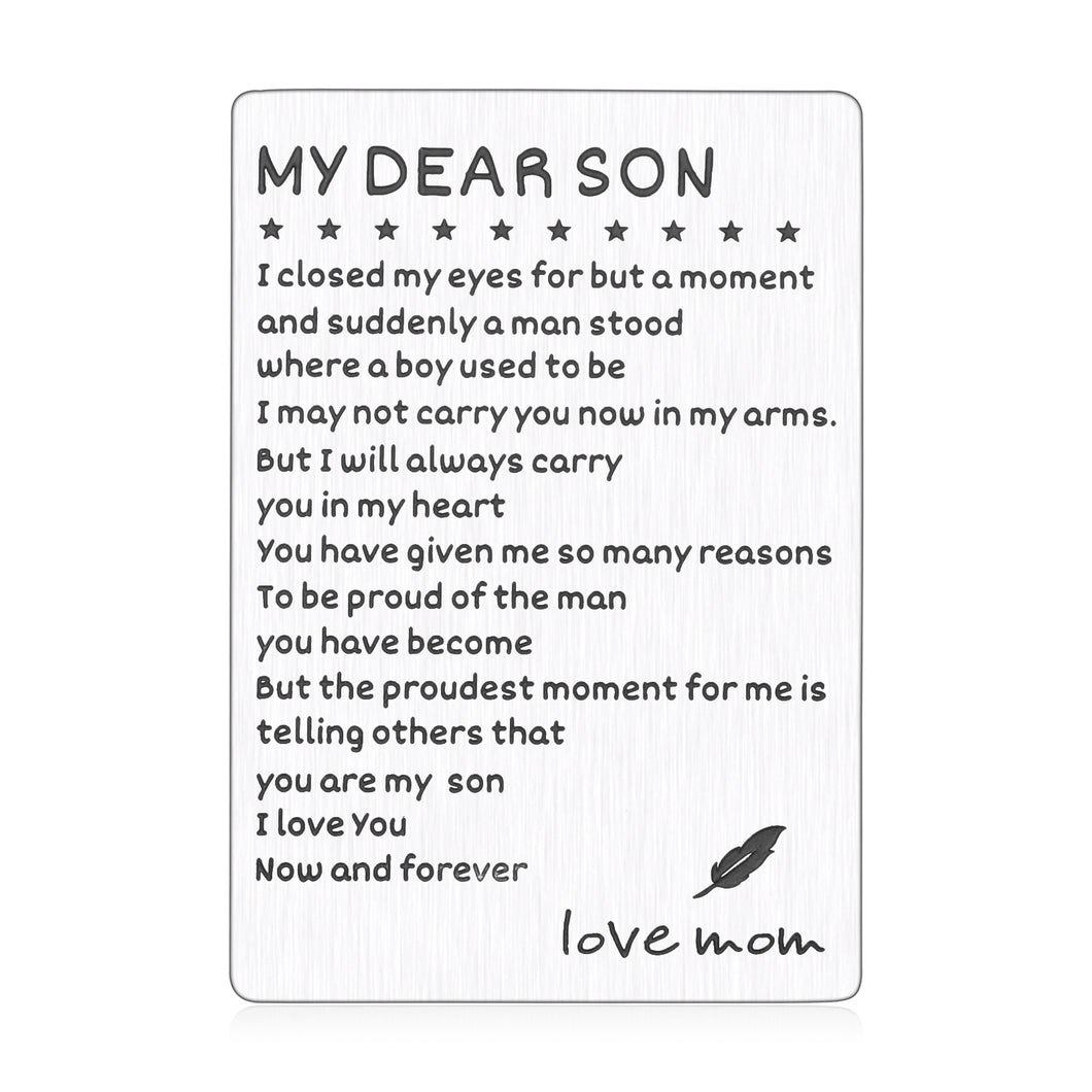 Engraved Wallet Card for Son from Mom Inspirational Christmas Birthday Graduation Gifts to Stepson Adopt Son Metal Wallet Insert Present Meaningful Back-to-School Gift Ideas for Him Boy Men